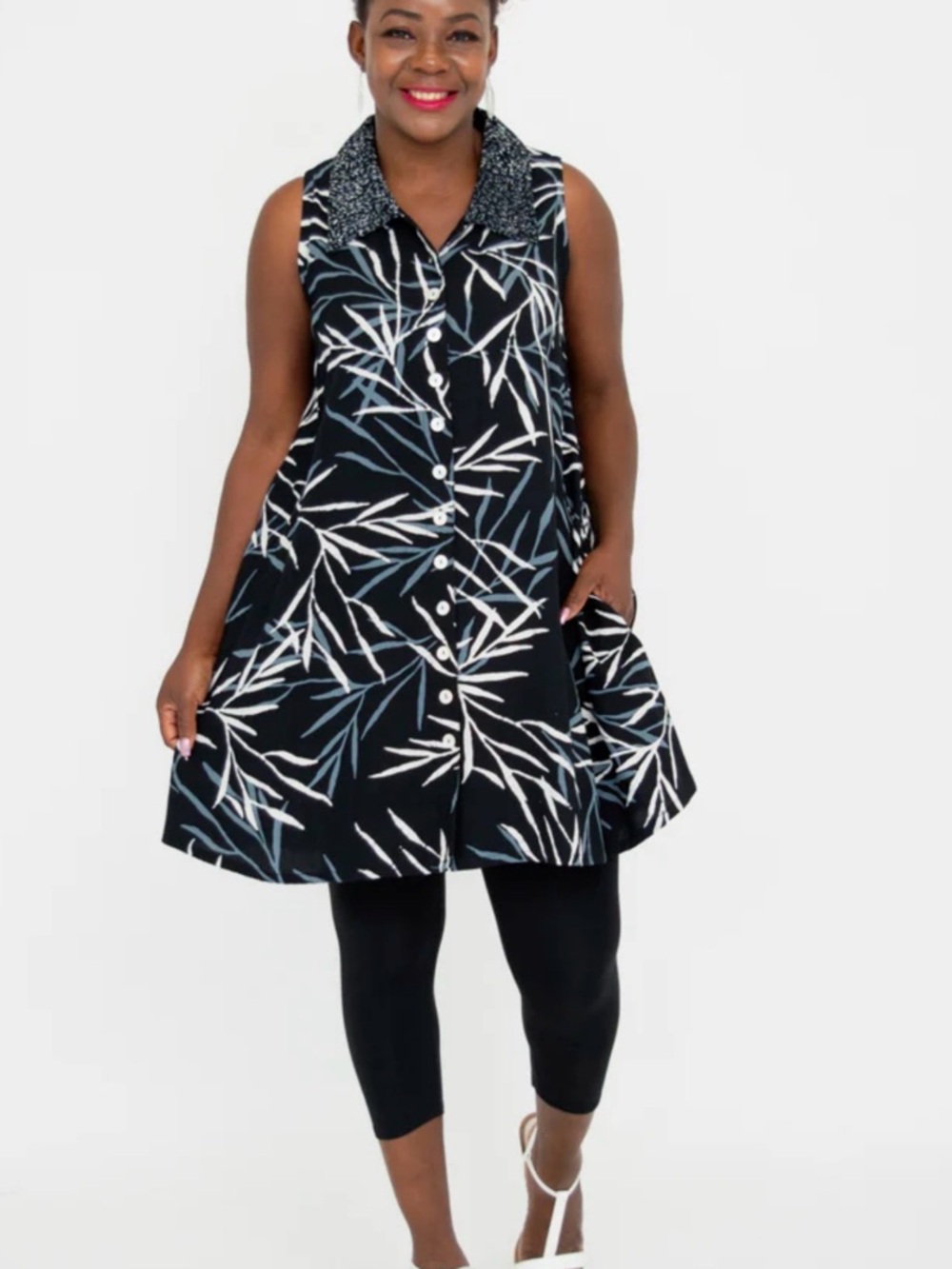 Blue Sky Black Leaf-Print Sleeveless Tunic